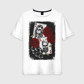 Женская футболка хлопок Oversize с принтом The Skull King and Queen в городе Новоалтайск, 100% хлопок | свободный крой, круглый ворот, спущенный рукав, длина до линии бедер
 | art | gold skull | queen | skull king | арт | буби | дама | день мёртвых | золотой череп | игральные карты | игроку | карты | король | король и дама | король и королева | крести | мексика | он и она | пики | покер | розы
