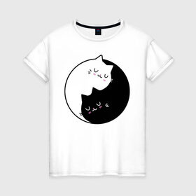 Женская футболка хлопок с принтом Yin and Yang cats в городе Новоалтайск, 100% хлопок | прямой крой, круглый вырез горловины, длина до линии бедер, слегка спущенное плечо | anime | cat | cats | kitten | love | philosophy | yang | yin | yoga | аниме | инь | йога | кот | котенок | котик | котики | коты | любовь | противоположность | сердце | философия | ян