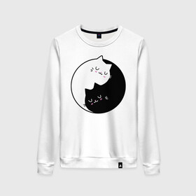 Женский свитшот хлопок с принтом Yin and Yang cats в городе Новоалтайск, 100% хлопок | прямой крой, круглый вырез, на манжетах и по низу широкая трикотажная резинка  | anime | cat | cats | kitten | love | philosophy | yang | yin | yoga | аниме | инь | йога | кот | котенок | котик | котики | коты | любовь | противоположность | сердце | философия | ян
