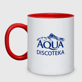 Кружка двухцветная с принтом AQUADISCOTEKA в городе Новоалтайск, керамика | объем — 330 мл, диаметр — 80 мм. Цветная ручка и кайма сверху, в некоторых цветах — вся внутренняя часть | aqua | chicken | cream soda | disco | karri | music | аквадискотека | геленджик | клип | крем сода | чикен карри