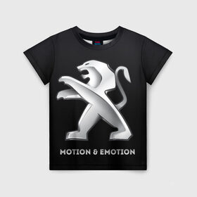 Детская футболка 3D с принтом Motion & Emotion в городе Новоалтайск, 100% гипоаллергенный полиэфир | прямой крой, круглый вырез горловины, длина до линии бедер, чуть спущенное плечо, ткань немного тянется | Тематика изображения на принте: auto | emotion | motion | peugeot | sport | авто | лого | логотип | пежо | пижо | спорт