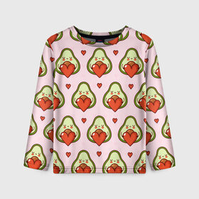 Детский лонгслив 3D с принтом Love Avocado в городе Новоалтайск, 100% полиэстер | длинные рукава, круглый вырез горловины, полуприлегающий силуэт
 | 14 февраля | love | авокадо | вкусняшка | день святого валентина | еда | любовь | паттерн | сердечко
