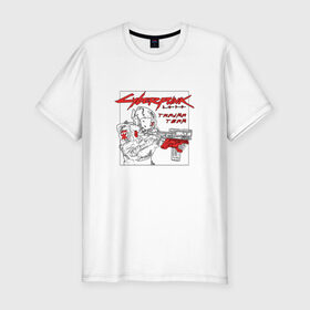 Мужская футболка хлопок Slim с принтом Cyberpunk 2077 Trauma team в городе Новоалтайск, 92% хлопок, 8% лайкра | приталенный силуэт, круглый вырез ворота, длина до линии бедра, короткий рукав | cyberpunk 2077 | trauma team | игра | киберпанк 2077 | персонаж | солдат | траума тим