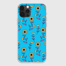 Чехол для iPhone 12 Pro Max с принтом Желтые цветы на голубом фоне в городе Новоалтайск, Силикон |  | 8 марта | flowers | summer | ботаническая иллюстрация | весна | желтый | лето | любовь | подсолнухи | праздник | принт | природа | растения | фиолетовый | цветы