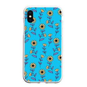 Чехол для iPhone XS Max матовый с принтом Желтые цветы на голубом фоне в городе Новоалтайск, Силикон | Область печати: задняя сторона чехла, без боковых панелей | 8 марта | flowers | summer | ботаническая иллюстрация | весна | желтый | лето | любовь | подсолнухи | праздник | принт | природа | растения | фиолетовый | цветы