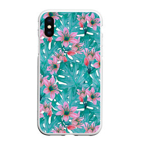 Чехол для iPhone XS Max матовый с принтом Листья мостеры и цветы в городе Новоалтайск, Силикон | Область печати: задняя сторона чехла, без боковых панелей | 8 марта | flowers | summer | бирюзовый | ботаническая иллюстрация | весна | красный | лето | любовь | монстера | праздник | принт | природа | растения | розовый | цветы