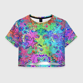 Женская футболка Crop-top 3D с принтом Цветные звезды в городе Новоалтайск, 100% полиэстер | круглая горловина, длина футболки до линии талии, рукава с отворотами | kaleidoscope | pattern | polyscape | space | textures | tie dye | абстракт | волны | вселенная | геометрия | звезды | каледоскоп | космос | паттерн | полигон | полискейп | природа | разводы | тай дай | текстура | текстуры | узор