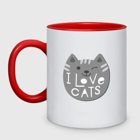 Кружка двухцветная с принтом I love cats в городе Новоалтайск, керамика | объем — 330 мл, диаметр — 80 мм. Цветная ручка и кайма сверху, в некоторых цветах — вся внутренняя часть | animal | cat | i love cats | животное | зверь | кот | кошка | надписи | я люблю кошек