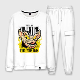 Мужской костюм хлопок с принтом She Is My Valentine в городе Новоалтайск, 100% хлопок | на свитшоте круглая горловина, мягкая резинка по низу. Брюки заужены к низу, на них два вида карманов: два “обычных” по бокам и два объемных, с клапанами, расположенные ниже линии бедра. Брюки с мягкой трикотажной резинкой на поясе и по низу штанин. В поясе для дополнительного комфорта — широкие завязки | art | cat | fire | love | valentine | valentines day | арт | валентинка | день влюбленных | день святого валентина | кот | любовь | огонь
