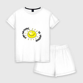 Женская пижама с шортиками хлопок с принтом твоя природа уникальнная в городе Новоалтайск, 100% хлопок | футболка прямого кроя, шорты свободные с широкой мягкой резинкой | лучи | надпись | солнце | текст | цвет
