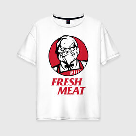 Женская футболка хлопок Oversize с принтом Pudge Dota Fresh Meat Пудж в городе Новоалтайск, 100% хлопок | свободный крой, круглый ворот, спущенный рукав, длина до линии бедер
 | dota | dota2 | fresh meat | kfc | pudge | red | дота | дота2 | красный | кфс | падж | паджерс | паджик | пудж | свежее мясо | хук