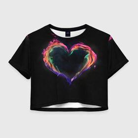 Женская футболка Crop-top 3D с принтом пламенное сердце на черном в городе Новоалтайск, 100% полиэстер | круглая горловина, длина футболки до линии талии, рукава с отворотами | любовь | огонь | пламя | пылает | радужный огонь | сердечко | сердце | темный фон | чувства