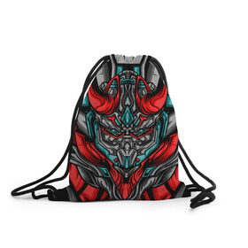 Рюкзак-мешок 3D с принтом CyberSkull в городе Новоалтайск, 100% полиэстер | плотность ткани — 200 г/м2, размер — 35 х 45 см; лямки — толстые шнурки, застежка на шнуровке, без карманов и подкладки | cyberpunk | evil | head | mask | mechanical | rage | robot | skull | арт | гнев | голова | демон | дьявол | злой | киберпанк | маска | механический | монстр | робот | рога | самурай | череп