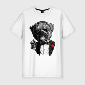 Мужская футболка хлопок Slim с принтом The Dogfather в городе Новоалтайск, 92% хлопок, 8% лайкра | приталенный силуэт, круглый вырез ворота, длина до линии бедра, короткий рукав | Тематика изображения на принте: bulldog | dogfather | godfather | movie | pug | бульдог | крестный отец | мопс | фильм