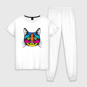 Женская пижама хлопок с принтом Pop Cat в городе Новоалтайск, 100% хлопок | брюки и футболка прямого кроя, без карманов, на брюках мягкая резинка на поясе и по низу штанин | art | cat | colorful | mem | meme | memes | music | pop | rainbow | retro | style | арт | буп | кот | котенок | котик | котэ | краски | красочный | мем | мемы | музыка | ретро