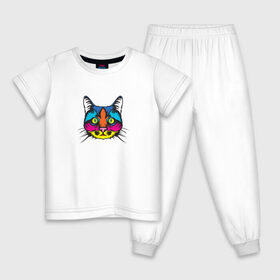 Детская пижама хлопок с принтом Pop art Cat в городе Новоалтайск, 100% хлопок |  брюки и футболка прямого кроя, без карманов, на брюках мягкая резинка на поясе и по низу штанин
 | art | cat | colors | paints | pop | riot | арт | буйство | буп | кот | кошка | краски | поп