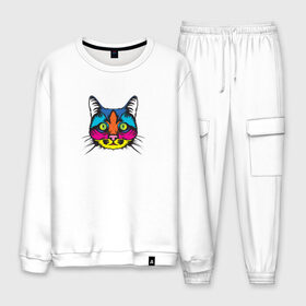 Мужской костюм хлопок с принтом Pop art Cat в городе Новоалтайск, 100% хлопок | на свитшоте круглая горловина, мягкая резинка по низу. Брюки заужены к низу, на них два вида карманов: два “обычных” по бокам и два объемных, с клапанами, расположенные ниже линии бедра. Брюки с мягкой трикотажной резинкой на поясе и по низу штанин. В поясе для дополнительного комфорта — широкие завязки | art | cat | colors | paints | pop | riot | арт | буйство | буп | кот | кошка | краски | поп