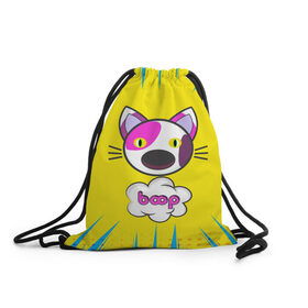 Рюкзак-мешок 3D с принтом PoP CaT BooP в городе Новоалтайск, 100% полиэстер | плотность ткани — 200 г/м2, размер — 35 х 45 см; лямки — толстые шнурки, застежка на шнуровке, без карманов и подкладки | boom | meme | pop art | popping | бум | буп кот | котик | мем | поп арт | ретро | стиль