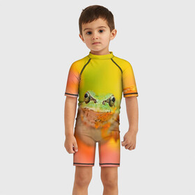 Детский купальный костюм 3D с принтом лягушка в цветке мило в городе Новоалтайск, Полиэстер 85%, Спандекс 15% | застежка на молнии на спине | жаба | жабка | земноводное | ква | квакуха | лягушенок | лягушка | макро | мило | природа | пыльца | цветок