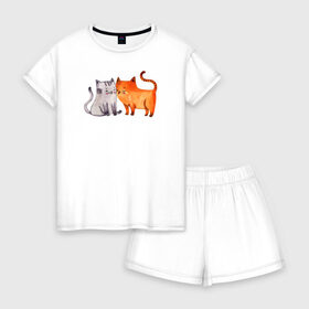 Женская пижама с шортиками хлопок с принтом Парочка в городе Новоалтайск, 100% хлопок | футболка прямого кроя, шорты свободные с широкой мягкой резинкой | влюбленные | котики | кошки | любовь | полосатый