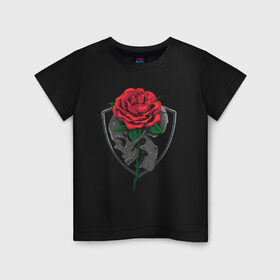 Детская футболка хлопок с принтом Skull&Rose в городе Новоалтайск, 100% хлопок | круглый вырез горловины, полуприлегающий силуэт, длина до линии бедер | Тематика изображения на принте: герб | знак | роза | символ | скелет | цветок | череп