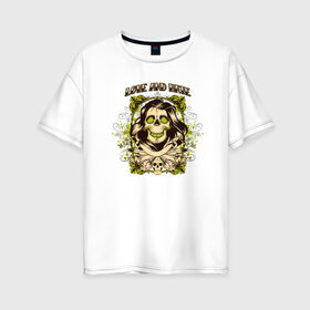 Женская футболка хлопок Oversize с принтом Skull Art в городе Новоалтайск, 100% хлопок | свободный крой, круглый ворот, спущенный рукав, длина до линии бедер
 | art | body | bones | dead | drawing | face | graffiti | head | roses | skeleton | skul | skull | ад | арт | голова | граффити | зло | кости | лицо | металл | нарисованный | розы | рок | скелет | скул | скулл | три черепа | тьма