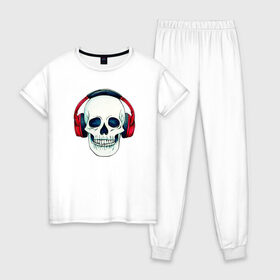 Женская пижама хлопок с принтом Skull Music в городе Новоалтайск, 100% хлопок | брюки и футболка прямого кроя, без карманов, на брюках мягкая резинка на поясе и по низу штанин | art | body | bones | dead | drawing | face | graffiti | head | roses | skeleton | skul | skull | ад | арт | голова | граффити | зло | кости | лицо | металл | нарисованный | розы | рок | скелет | скул | скулл | три черепа | тьма