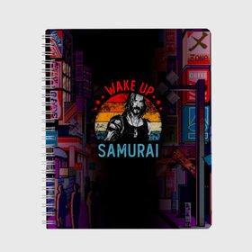 Тетрадь с принтом WAKE UP SAMURAI в городе Новоалтайск, 100% бумага | 48 листов, плотность листов — 60 г/м2, плотность картонной обложки — 250 г/м2. Листы скреплены сбоку удобной пружинной спиралью. Уголки страниц и обложки скругленные. Цвет линий — светло-серый
 | Тематика изображения на принте: cyberpunk 2077 | hacker | maelstrom | militech | quadra | samurai | sci fi | technology | trauma team | v | будущее | игра | иероглифы | киану ривз | кибер | киберпанк | киборг | киборги | корпорация | лого | милитек | панк | роботы | самурай | т