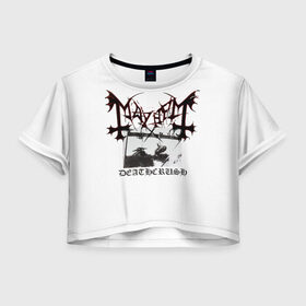 Женская футболка Crop-top 3D с принтом Mayhem в городе Новоалтайск, 100% полиэстер | круглая горловина, длина футболки до линии талии, рукава с отворотами | black | mayhem | metal | music | rock | skull | блэк | гитара | группа | метал | музыка | рок | череп | электрогитара