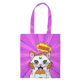 Шоппер 3D с принтом Meow Pop Art Cat в городе Новоалтайск, 100% полиэстер | Плотность: 200 г/м2; Размер: 34×35 см; Высота лямок: 30 см | comics | kitty | meow | pop art | pop cat | retro | арт | белый кот | взгляд | глаза | голова кота | животные | киска | комикс | кот | кошак | кошечка | мем | мультяшный | мур мур | мяу | поп арт | прикол | пушистик | ретро