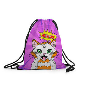 Рюкзак-мешок 3D с принтом Meow Pop Art Cat в городе Новоалтайск, 100% полиэстер | плотность ткани — 200 г/м2, размер — 35 х 45 см; лямки — толстые шнурки, застежка на шнуровке, без карманов и подкладки | comics | kitty | meow | pop art | pop cat | retro | арт | белый кот | взгляд | глаза | голова кота | животные | киска | комикс | кот | кошак | кошечка | мем | мультяшный | мур мур | мяу | поп арт | прикол | пушистик | ретро