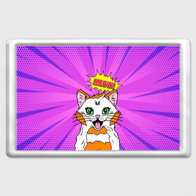 Магнит 45*70 с принтом Meow Pop Art Cat в городе Новоалтайск, Пластик | Размер: 78*52 мм; Размер печати: 70*45 | comics | kitty | meow | pop art | pop cat | retro | арт | белый кот | взгляд | глаза | голова кота | животные | киска | комикс | кот | кошак | кошечка | мем | мультяшный | мур мур | мяу | поп арт | прикол | пушистик | ретро