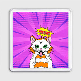 Магнит 55*55 с принтом Meow Pop Art Cat в городе Новоалтайск, Пластик | Размер: 65*65 мм; Размер печати: 55*55 мм | comics | kitty | meow | pop art | pop cat | retro | арт | белый кот | взгляд | глаза | голова кота | животные | киска | комикс | кот | кошак | кошечка | мем | мультяшный | мур мур | мяу | поп арт | прикол | пушистик | ретро