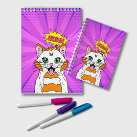Блокнот с принтом Meow Pop Art Cat в городе Новоалтайск, 100% бумага | 48 листов, плотность листов — 60 г/м2, плотность картонной обложки — 250 г/м2. Листы скреплены удобной пружинной спиралью. Цвет линий — светло-серый
 | Тематика изображения на принте: comics | kitty | meow | pop art | pop cat | retro | арт | белый кот | взгляд | глаза | голова кота | животные | киска | комикс | кот | кошак | кошечка | мем | мультяшный | мур мур | мяу | поп арт | прикол | пушистик | ретро