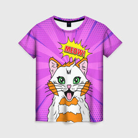 Женская футболка 3D с принтом Meow Pop Art Cat в городе Новоалтайск, 100% полиэфир ( синтетическое хлопкоподобное полотно) | прямой крой, круглый вырез горловины, длина до линии бедер | comics | kitty | meow | pop art | pop cat | retro | арт | белый кот | взгляд | глаза | голова кота | животные | киска | комикс | кот | кошак | кошечка | мем | мультяшный | мур мур | мяу | поп арт | прикол | пушистик | ретро