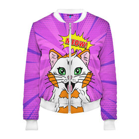 Женский бомбер 3D с принтом Meow Pop Art Cat в городе Новоалтайск, 100% полиэстер | застегивается на молнию, по бокам два кармана без застежек, мягкие манжеты, по низу бомбера и на воротнике — эластичная резинка | comics | kitty | meow | pop art | pop cat | retro | арт | белый кот | взгляд | глаза | голова кота | животные | киска | комикс | кот | кошак | кошечка | мем | мультяшный | мур мур | мяу | поп арт | прикол | пушистик | ретро