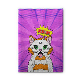 Обложка для автодокументов с принтом Meow Pop Art Cat в городе Новоалтайск, натуральная кожа |  размер 19,9*13 см; внутри 4 больших “конверта” для документов и один маленький отдел — туда идеально встанут права | Тематика изображения на принте: comics | kitty | meow | pop art | pop cat | retro | арт | белый кот | взгляд | глаза | голова кота | животные | киска | комикс | кот | кошак | кошечка | мем | мультяшный | мур мур | мяу | поп арт | прикол | пушистик | ретро