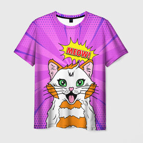 Мужская футболка 3D с принтом Meow Pop Art Cat в городе Новоалтайск, 100% полиэфир | прямой крой, круглый вырез горловины, длина до линии бедер | comics | kitty | meow | pop art | pop cat | retro | арт | белый кот | взгляд | глаза | голова кота | животные | киска | комикс | кот | кошак | кошечка | мем | мультяшный | мур мур | мяу | поп арт | прикол | пушистик | ретро