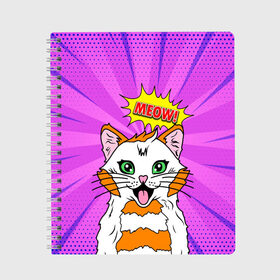 Тетрадь с принтом Meow Pop Art Cat в городе Новоалтайск, 100% бумага | 48 листов, плотность листов — 60 г/м2, плотность картонной обложки — 250 г/м2. Листы скреплены сбоку удобной пружинной спиралью. Уголки страниц и обложки скругленные. Цвет линий — светло-серый
 | comics | kitty | meow | pop art | pop cat | retro | арт | белый кот | взгляд | глаза | голова кота | животные | киска | комикс | кот | кошак | кошечка | мем | мультяшный | мур мур | мяу | поп арт | прикол | пушистик | ретро