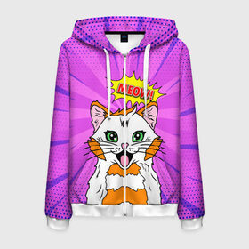 Мужская толстовка 3D на молнии с принтом Meow Pop Art Cat в городе Новоалтайск, 100% полиэстер | длина до линии бедра, манжеты и пояс оформлены мягкой тканевой резинкой, двухслойный капюшон со шнурком для регулировки, спереди молния, по бокам два кармана | comics | kitty | meow | pop art | pop cat | retro | арт | белый кот | взгляд | глаза | голова кота | животные | киска | комикс | кот | кошак | кошечка | мем | мультяшный | мур мур | мяу | поп арт | прикол | пушистик | ретро