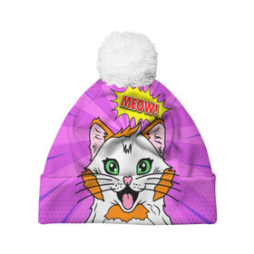 Шапка 3D c помпоном с принтом Meow Pop Art Cat в городе Новоалтайск, 100% полиэстер | универсальный размер, печать по всей поверхности изделия | comics | kitty | meow | pop art | pop cat | retro | арт | белый кот | взгляд | глаза | голова кота | животные | киска | комикс | кот | кошак | кошечка | мем | мультяшный | мур мур | мяу | поп арт | прикол | пушистик | ретро