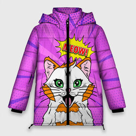 Женская зимняя куртка Oversize с принтом Meow Pop Art Cat в городе Новоалтайск, верх — 100% полиэстер; подкладка — 100% полиэстер; утеплитель — 100% полиэстер | длина ниже бедра, силуэт Оверсайз. Есть воротник-стойка, отстегивающийся капюшон и ветрозащитная планка. 

Боковые карманы с листочкой на кнопках и внутренний карман на молнии | comics | kitty | meow | pop art | pop cat | retro | арт | белый кот | взгляд | глаза | голова кота | животные | киска | комикс | кот | кошак | кошечка | мем | мультяшный | мур мур | мяу | поп арт | прикол | пушистик | ретро