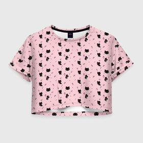 Женская футболка Crop-top 3D с принтом Кот Паттерн в городе Новоалтайск, 100% полиэстер | круглая горловина, длина футболки до линии талии, рукава с отворотами | animals | beast | eyes | sweet | глаза | животные | забавный | звери | зубы | кот | котенок | кошка | милый | музыка | ноты | паттерн | прикол | пушистый | смешной | точки | узор | фигуры | черный