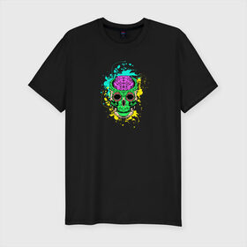 Мужская футболка хлопок Slim с принтом Psychedelic skull в городе Новоалтайск, 92% хлопок, 8% лайкра | приталенный силуэт, круглый вырез ворота, длина до линии бедра, короткий рукав | skull | брызги | мозг | монстр | психоделика | скелет | череп | чудовище
