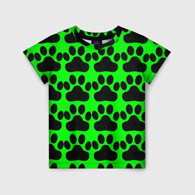 Детская футболка 3D с принтом КОШКА на ТРАВЕ в городе Новоалтайск, 100% гипоаллергенный полиэфир | прямой крой, круглый вырез горловины, длина до линии бедер, чуть спущенное плечо, ткань немного тянется | Тематика изображения на принте: кошка | лапки | след. | следы