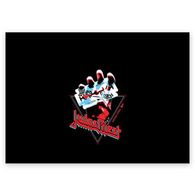 Поздравительная открытка с принтом Judas Priest в городе Новоалтайск, 100% бумага | плотность бумаги 280 г/м2, матовая, на обратной стороне линовка и место для марки
 | Тематика изображения на принте: black | deep | heep | judas | led | metal | music | priest | purple | rock | sabbath | skull | uriah | zeppelin | блэк | гитара | группа | иуда | метал | музыка | рок | священник | череп | электрогитара