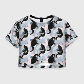 Женская футболка Crop-top 3D с принтом котик черный в городе Новоалтайск, 100% полиэстер | круглая горловина, длина футболки до линии талии, рукава с отворотами | животное | котенок | котик | котэ | кошка | милый | узор