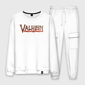 Мужской костюм хлопок с принтом Valheim logo в городе Новоалтайск, 100% хлопок | на свитшоте круглая горловина, мягкая резинка по низу. Брюки заужены к низу, на них два вида карманов: два “обычных” по бокам и два объемных, с клапанами, расположенные ниже линии бедра. Брюки с мягкой трикотажной резинкой на поясе и по низу штанин. В поясе для дополнительного комфорта — широкие завязки | Тематика изображения на принте: asgard | axe | games | gods | logo | loki | odin | spear | steam | thor | valheim | vikings | war | асгард | боги | вальхейм | викинги | война | игры | копье | лого | локи | один | стим | топор | тор