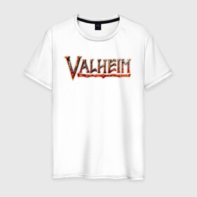 Мужская футболка хлопок с принтом Valheim logo в городе Новоалтайск, 100% хлопок | прямой крой, круглый вырез горловины, длина до линии бедер, слегка спущенное плечо. | asgard | axe | games | gods | logo | loki | odin | spear | steam | thor | valheim | vikings | war | асгард | боги | вальхейм | викинги | война | игры | копье | лого | локи | один | стим | топор | тор