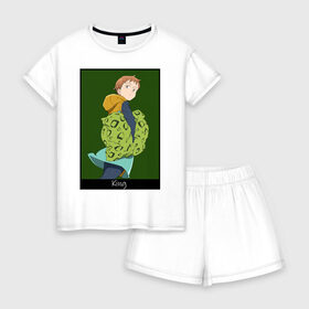 Женская пижама с шортиками хлопок с принтом Кинг в городе Новоалтайск, 100% хлопок | футболка прямого кроя, шорты свободные с широкой мягкой резинкой | anime | the seven deadly sins | аниме | арлекин | грех лени | кинг | король фей | медвежий грех | мультик | фея